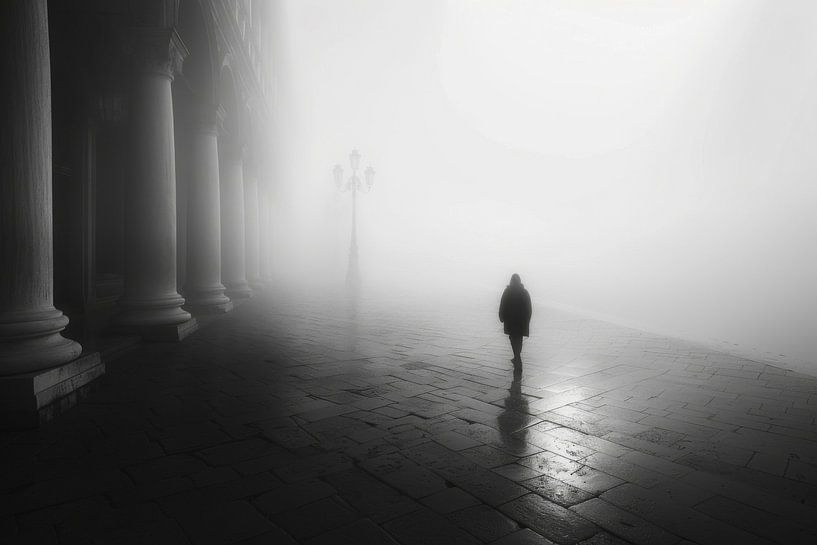 Einsamer Spaziergang im Nebel - Mystische Schwarzweiß-Fotografie von Poster Art Shop