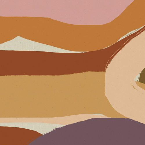 Abstracte lijnen in donkergeel, terracotta, koraal en roze