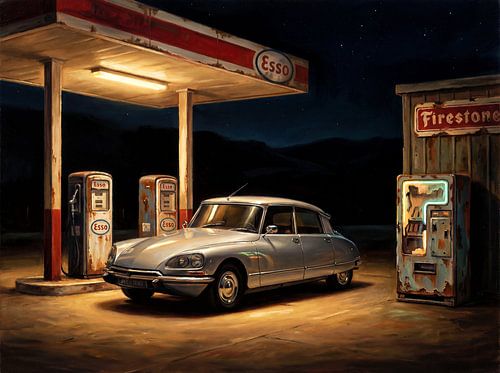 Vintage Citroën DS Gas Station Scene by Jan Keteleer