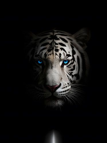 Witte tijger met doordringende blauwe ogen in het donker