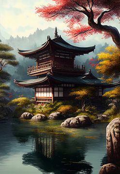 Temple japonais au bord de la rivière sur drdigitaldesign