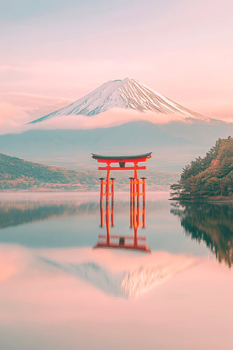 Torii met Fuji in het ochtendlicht