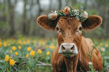 Portrait de vache avec des fleurs sur Felix Brönnimann