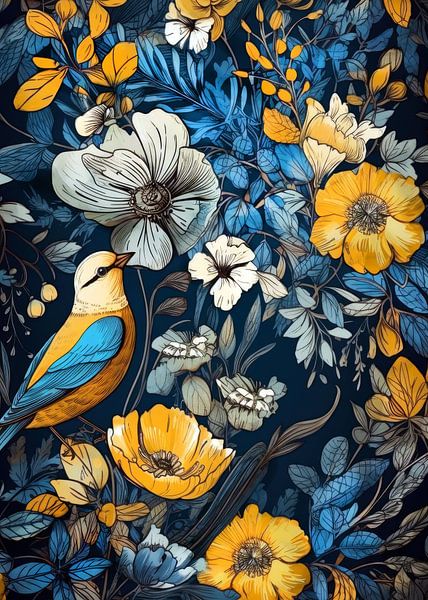 Flowers and bird nature art by JBJart Justyna Jaszke