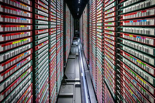 Data storage on tapes; interior of an IBM tape robot with hundreds of digital tapes