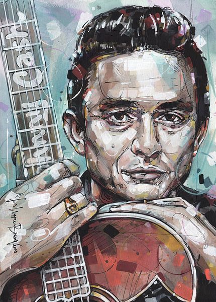 Johnny Cash met gitaar schilderij. van Jos Hoppenbrouwers