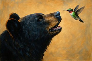 Zwarte beer met groene kolibrie van Art & Soul Creations