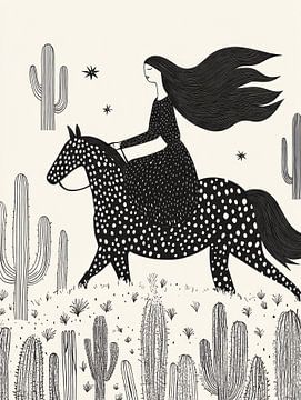 meisje in gestippelde jurk op paard in de prairie. van Franka Poulain