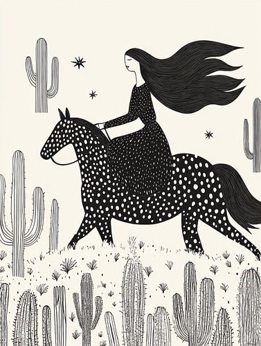 meisje in gestippelde jurk op paard in de prairie.