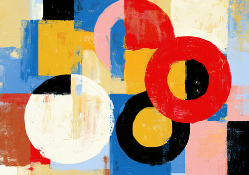 Abstract geometric composition featuring circles and colour fields