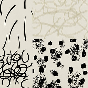 Abstract kunstwerk met diverse vormen en lijnen in zwart en beige