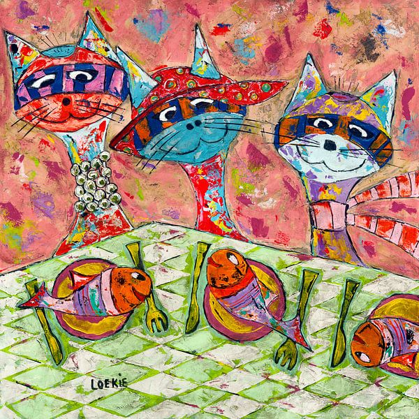 Dinner for Three Cats and 3 Fish by Loekie Grijspaardt