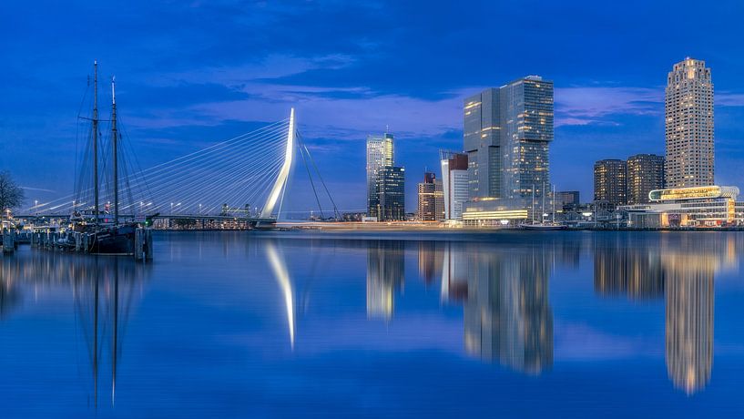 Abendaufnahme der Skyline von Rotterdam und der Erasmus-Brücke. von Bart Ros