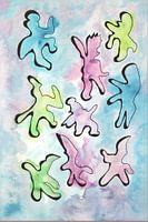 blauw 9 aquarel van vrolijk dansende figuurtjes in line-art stijl