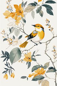 Orange-gelbe Blumen und Vogel auf weißem Hintergrund