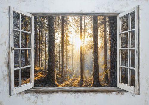 uitzicht vanuit de woonkamer op het boslandschap
