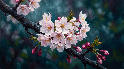 Delicate Pink Cherry Blossoms Blooming on Dark Twisted Branch, Fine Art Oil Painting Style