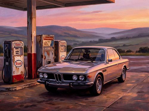 Zilveren BMW Coupé Vintage schilderij bij zonsondergang