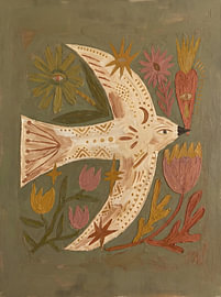 Ein verspielter, dekorativer weißer Vogel im Flug, umgeben von stilisierten pflanzlichen Elementen, Sternmotiven und symbolischen von HUGO