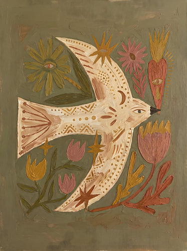 Ein verspielter, dekorativer weißer Vogel im Flug, umgeben von stilisierten pflanzlichen Elementen, Sternmotiven und symbolischen