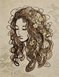 Japanse inkt tekening vrouw met krullende haren en gouden bloemen in haar krullen
