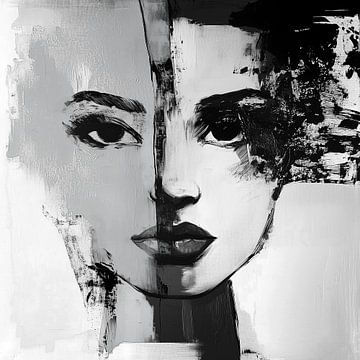 Dualiteit in Grijs; zwartwit grijs portret van een closeup van een vrouw, abstract van Bianca ter Riet