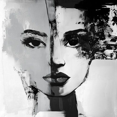 Duality in Grey ; portrait gris en noir et blanc d'une femme en gros plan, abstrait