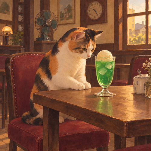 Calico-Katze und Cream Soda in einem Retro-Café