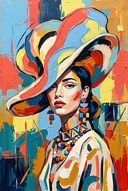 Portrait chic d'une femme abstraite coiffée d'un chapeau de soleil coloré sur Zala Creative