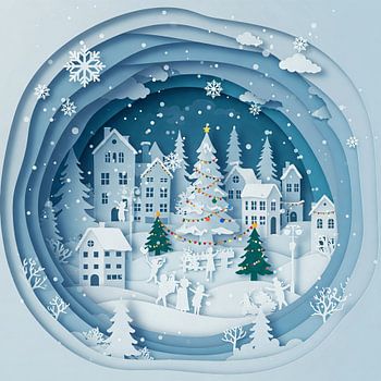 Snowy Village Winter Wonderland Papierschnitt Illustration