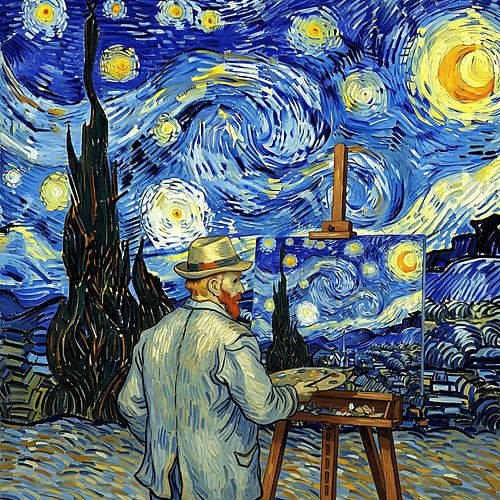 Abstracte kunstenaar onder sterrenhemel - dromerig expressionistisch schilderij