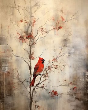 Rode vogel in warme kleurtinten van Studio Allee