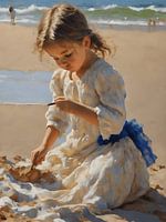 A little girl plays with sand on the beach.
