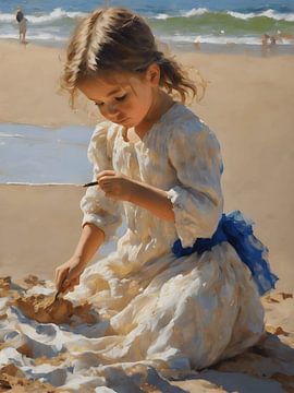 Een klein meisje speelt met zand op het strand. van Jolique Arte