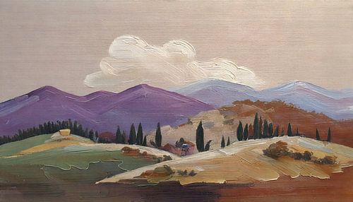 Malerische toskanische Landschaft mit violetten Hügeln und Zypressen -1