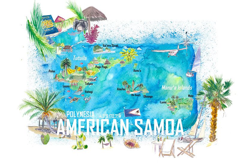 Amerikaans Samoa Geïllustreerde Eiland Reis Kaart met Wegen en Highlights van Markus Bleichner