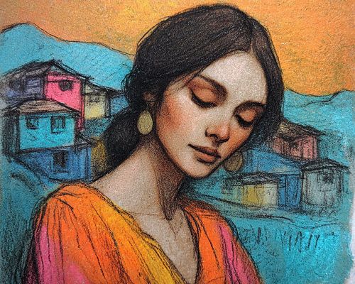 Karakoram Women Painting | Woman with Colourful Houses by Abstract Painting
