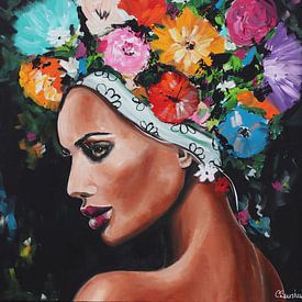vrouw met bloemenkrans van Vrolijk Schilderij