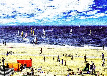 Windsurfen op het strand van Scheveningen, uitzicht op vervlogen tijden van John Duurkoop