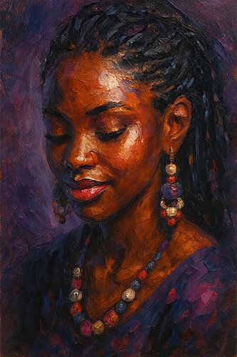 Innerlijke glans (Portret Afrikaanse vrouw dreadlocks donkere huidskleur warm verfijnd schilderij)