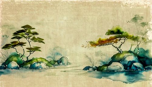 Japandi Art. Traditionele  ZEN tuin - Kanji