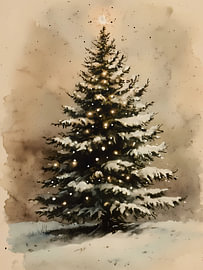 Sapin de Noël enneigé et lumineux