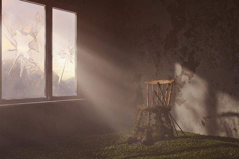 Abandoned old room with ivy overgrown wooden chair next to hiking boots and walking sticks by Besa Art