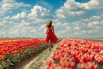 une femme fait du vélo dans un champ de tulipes sur Egon Zitter