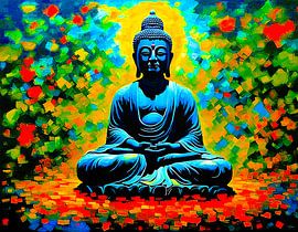 Boeddha in een kleurig impressionistisch bos.