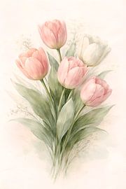Soft Pink Tulip Bouquet Watercolor by Adi Wibowo