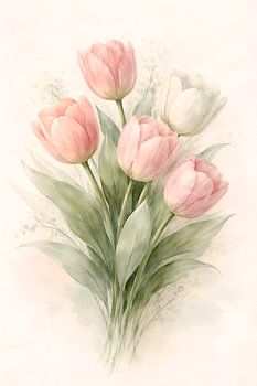 Zartrosa Tulpenstrauß Aquarell
