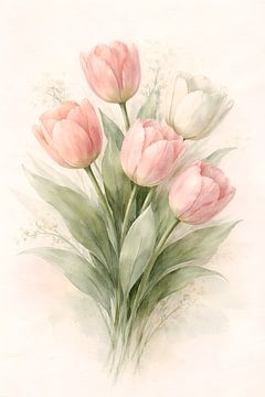 Soft Pink Tulip Bouquet Watercolor by Adi Wibowo