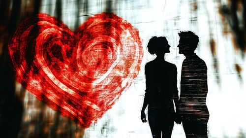 Silhouet van een paar met een rood hart