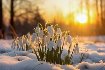 Prachtige witte sneeuwklokjesbloemen bloeien buiten in de sneeuw, zonsondergang van Animaflora PicsStock